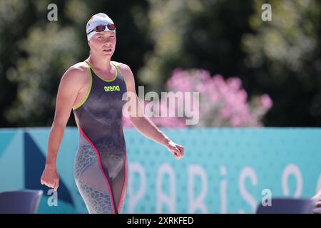 Versailles, Frankreich. August 2024. Olympische Spiele, Paris 2024, Moderner Pentathlon, Einzelpersonen, Frauen, schwimmend reagiert Annika Zillekens aus Deutschland. Quelle: Rolf Vennenbernd/dpa/Alamy Live News Stockfoto