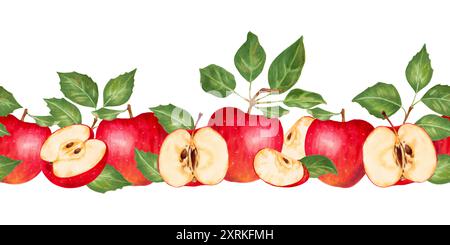 Nahtloser Rand mit roten Äpfeln, Scheiben und grünen Blättern. Aquarell- und Markierungsabbildung. Handgezeichnetes isoliertes horizontales Banner. Gartenfrüchte Stockfoto
