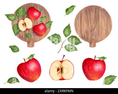 Rote Äpfel mit rundem Holzschneidebrett. Aquarellabbildung. Set aus ganzen und geschnittenen Früchten mit Blättern und Küchenutensilien. Handgezeichnet Stockfoto
