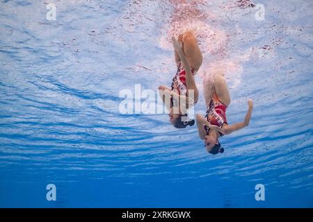 (240811) -- SAINT-DENIS, 11. August 2024 (Xinhua) -- Nuria Diosdado/Joana Jimenez aus Mexiko treten während des Duetts des freien Schwimmens bei den Olympischen Spielen 2024 in Saint-Denis, Frankreich, 10. August 2024 an. (Xinhua/Xia Yifang) Stockfoto