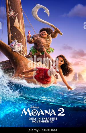 Moana 2 (2024) von David G. Derrick Jr. mit Auli'i Cravalho, Dwayne Johnson und Alan Tudyk. Nachdem sie einen unerwarteten Anruf von ihren Vorfahren erhalten hat, reist Moana in die fernen Meere Ozeaniens und in gefährliche, lange verlorene Gewässer für ein Abenteuer, das ihr nie begegnet ist. US Advance Poster ***NUR FÜR REDAKTIONELLE ZWECKE***. Quelle: BFA / Walt Disney Studios Stockfoto