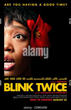 Blink zweimal (2024) von Zoë Kravitz mit Channing Tatum, Adria Arjona, Kyle MacLachlan und Geena Davis. Eine Cocktail-Kellnerin verliebt sich in einen Technikmogul und reist mit ihm auf seine Privatinsel, wo alles schief geht und sie ihre Realität in Frage stellt. US-Poster mit einem Blatt ***NUR FÜR REDAKTIONELLE ZWECKE***. Quelle: BFA / Amazon MGM Studios Stockfoto