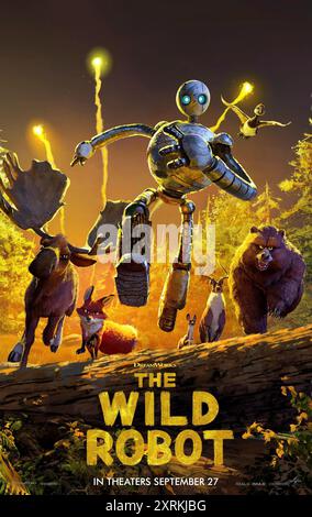 The Wild Robot (2024) von Chris Sanders mit Pedro Pascal, Stephanie Hsu und Lupita Nyong'o. in den Hauptrollen Nach einem Schiffswrack ist ein intelligenter Roboter namens Roz auf einer unbewohnten Insel gestrandet. Um die raue Umgebung zu überleben, verbindet sich Roz mit den Tieren der Insel und kümmert sich um eine verwaiste Gans. US-Poster mit einem Blatt ***NUR FÜR REDAKTIONELLE ZWECKE***. Quelle: BFA / Universal Pictures Stockfoto