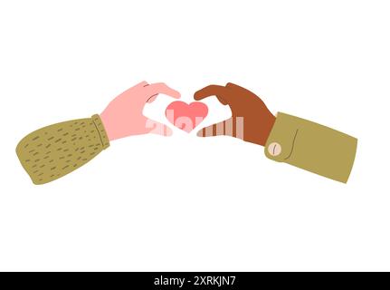 Hände, die die Herzform halten. Palme mit Wohltätigkeits- und Freundschaftssymbol. Liebeszeichen. Vektor Hand gezeichnete Sammlung Illustration isoliert auf weißem Hintergrund. Stock Vektor