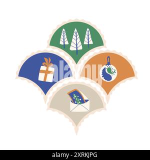 Weihnachtlich gestalteter Jakobsmuschelaufkleber mit Weihnachtsdekorationen, Geschenken, Bällen und Bäumen sowie festlichen Umschlägen auf weißem Hintergrund. Vektorhand Stock Vektor
