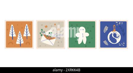 Weihnachtsmarken mit Weihnachtsdekoration. Glaskugel, Lebkuchen und festliche Umschläge in einem skurrilen Stil. Handgezeichnete Vektorsammlung Stock Vektor