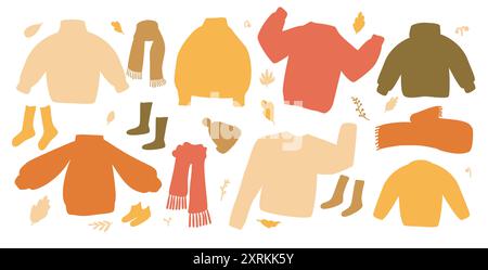 Set aus gemütlichen herbstlichen Pullover, Schals, Socken und warmen Accessoires. Herbstbekleidung. Vektor Hand gezeichnet flache Sammlung Illustration isoliert auf weiß Stock Vektor