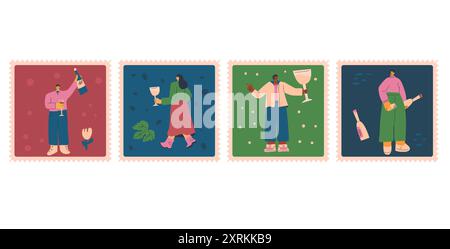 Set mit Partymarken mit Weinliebhabern. Leute mit Weingläsern und Flaschen in einem skurrilen Stil. Handgezeichnete Vektorsammlung Stock Vektor