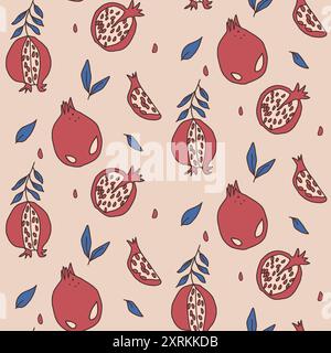 Nahtloses Muster mit handgezeichneten Granatäpfeln mit Blättern und Samen auf hellem Hintergrund. Illustration der Vektorkritzelei. Stock Vektor