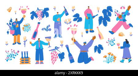 Weinfestival-Set. Leute mit Weingläsern und Flaschenpackungen. Niedliche Charaktere mit Alkohol. Vektor-handgezeichnete Sammlung Illustration isoliert Stock Vektor