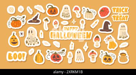 Set mit Halloween-Aufklebern isoliert. Kürbisse, Geister, Hexenhüte und Schriftzeichen. Sammlung von Herbstfestlichkeiten. Vektor Hand gezeichnet flache Illus Stock Vektor