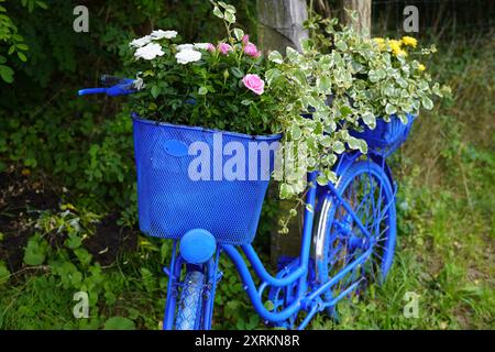 Bild eines blau lackierten Fahrrads auf dem Havelradweg im Landkreis Streckelsdorf (Upcycling). Stockfoto