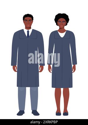 Beurteilt Charaktere. Afroamerikanische Frau und Mann Rechtsberater, Gerichtsangestellte. Beurteilen Sie männlich und weiblich in schwarzen Gewändern. Vektorabbildung Stock Vektor