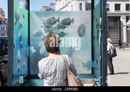 London, Großbritannien. August 2024. Am Sonntag, den 11. August 2024, machen die Leute Fotos von dem siebten neuen Kunstwerk des Street-Künstlers Banksy, das Piranha-Fische auf einer Polizeiwache in Ludgate Hill, City of London, London, England, zeigt. Foto: Justin ng/Alamy Live News Stockfoto