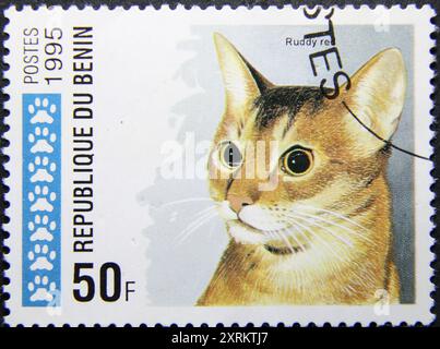 ISTANBUL, TÜRKEI - 25. JANUAR 2021: Kambodscha-Stempel zeigt Katze um 1995 Stockfoto