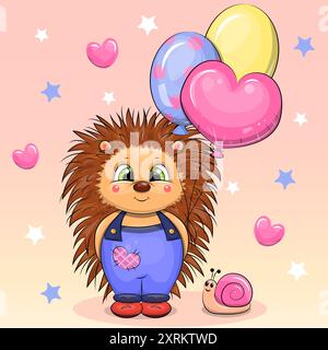 Niedlicher Cartoon-Igel mit Ballons und Schnecke. Vektor-Illustration eines Tieres auf einem rosa Hintergrund mit Herzen und Sternen. Stock Vektor