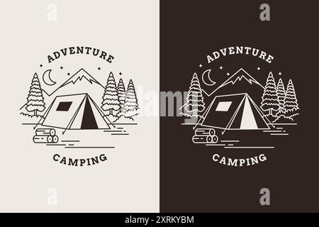 Monoline-Logo für Camping in der Wildnis mit Bäumen und Bergen Stock Vektor