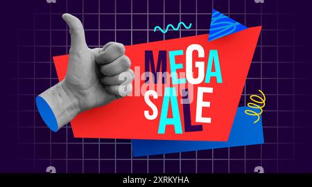 Online-Shopping- oder Online-Sale-Konzeptcollage. Рand Daumen zeigen. Kreative Collage mit farbenfrohen Elementen. Vektorabbildung Stock Vektor