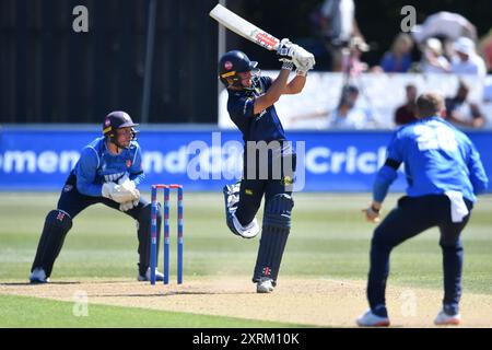 Canterbury, England. August 2024. Haydon Mustard während des Metro Bank One Day Cup zwischen Kent Spitfires und Durham auf dem Spitfire Ground in St. Lawrence in Canterbury. Kyle Andrews/Alamy Live News. Stockfoto