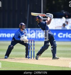 Canterbury, England. August 2024. Haydon Mustard während des Metro Bank One Day Cup zwischen Kent Spitfires und Durham auf dem Spitfire Ground in St. Lawrence in Canterbury. Kyle Andrews/Alamy Live News. Stockfoto