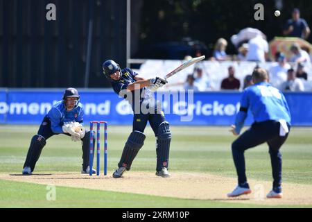 Canterbury, England. August 2024. Haydon Mustard während des Metro Bank One Day Cup zwischen Kent Spitfires und Durham auf dem Spitfire Ground in St. Lawrence in Canterbury. Kyle Andrews/Alamy Live News. Stockfoto