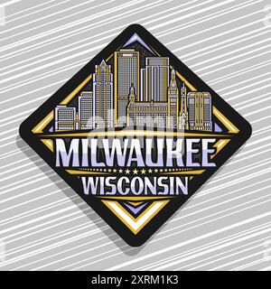 Vektor-Logo für Milwaukee, schwarzes dekoratives Rautenschild mit einfacher Illustration der berühmten milwaukee Stadtlandschaft, Kunstdesign Kühlschrankmagnet wi Stock Vektor