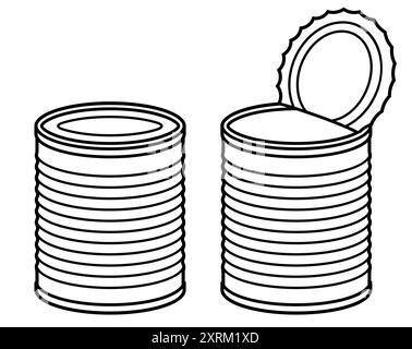 Blechdose Schwarzweiß-Strichzeichnung, geschlossen und offen. Einfache Vektorgrafik-Illustration. Stock Vektor