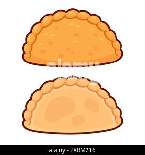 Im Ofen gebackene Empanada und gebratene Empanada, traditioneller südamerikanischer Fleischkuchen. Zeichentrickzeichnung, Vektor-Clipart-Illustration. Stock Vektor