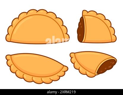 Traditionelles südamerikanisches Empanadas (Fleischkuchen) Zeichensatz. Halbempanada-Querschnitt mit Fleischfüllung. Comic Doodle, Vektor Clipart Illustrati Stock Vektor