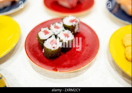 Nahaufnahme von frisch zubereiteten Thunfisch-Maki-Sushi-Brötchen auf einem leuchtenden roten Teller, umgeben von anderen Sushi-Gerichten auf bunten Tellern, die eine Vielfalt hervorheben Stockfoto