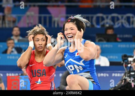 Kennedy Alexis BLADES (USA) gegen CAGAMI Yuka (JPN) Japan, Wrestling Women's Freestyle 76kg Finale bei Champ Mars, während der Olympischen Spiele 2024 in Paris, 11. August 2024, Paris, Frankreich. Quelle: Enrico Calderoni/AFLO SPORT/Alamy Live News Stockfoto