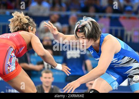 Kennedy Alexis BLADES (USA) gegen CAGAMI Yuka (JPN) Japan, Wrestling Women's Freestyle 76kg Finale bei Champ Mars, während der Olympischen Spiele 2024 in Paris, 11. August 2024, Paris, Frankreich. Quelle: Enrico Calderoni/AFLO SPORT/Alamy Live News Stockfoto