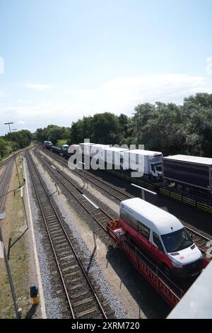 Sylt DDR,20240810, ferieninsel Sylt, Badeferien , Anreise mit dem Autozug *** Sylt DDR,20240810, Urlaubsinsel Sylt, Strandurlaub, Anreise mit dem Autozug Stockfoto