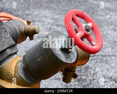 Detaillierte Ansicht eines Hydranten mit leuchtend roten Griffen Stockfoto