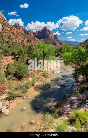 Wunderschöner Blick auf den Watchman Mountain und den Virgin River im Zion National Park in Utah, USA Stockfoto