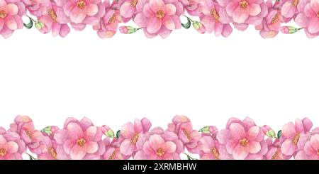 Rosafarbene Blüten, die in einem durchgehenden, nahtlosen Rand angeordnet sind, bedecken den oberen und unteren Rand dieses Aquarell-Cliparts. Camellia japonica zum Einpacken von Papier, Scrapbook-Projekten oder Webdesign-Elementen Stockfoto