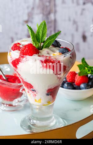 Vanilleeis Dessert mit frischem Obst und Himbeercoulis Stockfoto