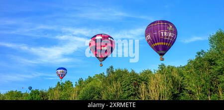 Farbenfrohe, sonnendurchflutete Ballons in der goldenen Stunde, von der Bristol Balloon Fiesta 2024, als sie über Bäume in der Nähe von Siston; Bristol passieren. Am Samstag um 45 Uhr Stockfoto