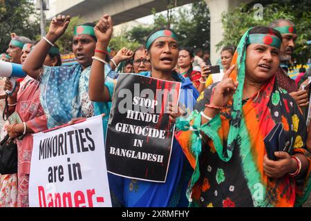 11. August 2024, Dhaka, Dhaka, Bangladesch: Die Hindus aus Bangladesch blockieren das Shahbag-Gebiet, um gegen die Verfolgung der hinduistischen Gemeinschaft in Dhaka, Bangladesch, am 11. August 2024 zu protestieren (Credit Image: © Abu Sufian Jewel/ZUMA Press Wire). Nicht für kommerzielle ZWECKE! Stockfoto