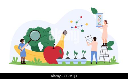 Gruppe von Wissenschaftlern, die die genetische Zusammensetzung von Früchten und Pflanzen mit verschiedenen wissenschaftlichen Werkzeugen und Diagrammen analysieren. Vergrößerungsglas und DNA-Stränge in Fokusvektor-Illustration. Stock Vektor