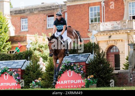 Jesse Campbell aus Neuseeland mit Speedwell während des CCI4*S Cross Country bei den NAF Five Star International Hartpury Horse Trials am 10. August 2024, Hartpury, Großbritannien (Foto: Maxime David - MXIMD Pictures) Stockfoto