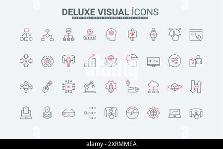 Zeilensymbole für die KI-Smart-Technologie eingestellt. Roboter- und VR-Brillen, digitale Daten und Cloud, Prozess und Algorithmus der Arbeit mit künstlicher Intelligenz, dünne schwarze und rote Umrisssymbole Vektorillustration Stock Vektor