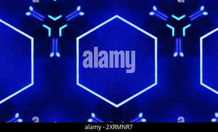 Modernes Muster von blau beleuchteten Neon-Sechsecken futuristische Formen Kunst Illustration abstrakten Hintergrund. Stockfoto