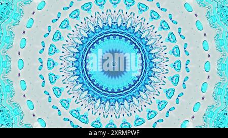 Kompliziertes zyanblaues Mandala mit geometrischen abstrakten Mustern für Meditationsvisualisierungen balancieren den Hintergrund der Harmonie-Kunst-Illustration. Stockfoto