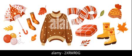 Warme Kleidung für kaltes Herbstwetter 2D-Zeichentrickobjekte. Herbst Saison gemütliche Mode Artikel flache Linie Vektor-Symbole auf weißem Hintergrund Stock Vektor