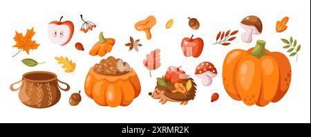 Set mit 2D-Zeichentrickobjekten für Herbst und Halloween Elements. Warme Kleidung und leckeres Essen für die Herbstsaison Dekoration flache Linie Vektor-Symbole auf weißem Rücken Stock Vektor
