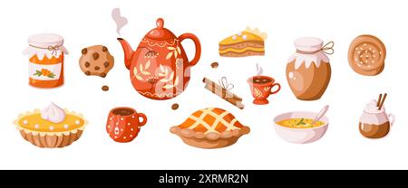 Leckere hausgemachte Snacks und Getränke von Herbstprodukten 2D-Zeichentrickobjekten. Bio-Lebensmittel für die Herbstsaison flache Linie Vektorsymbole auf weiß Stock Vektor