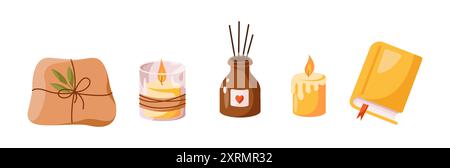 Innenraumelemente für den Herbst 2D-Zeichentrickobjekte Set. Gemütliche inländische Atmosphäre Dekoration flache Linie Vektorsymbole auf weißem Hintergrund Stock Vektor