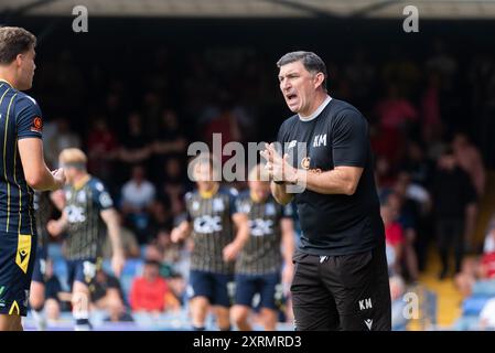 Southend Utd gegen York City 2024-25 in der Roots Hall. Das erste Spiel unter neuer COSU-Eigentümerschaft. Manager Kevin Maher Stockfoto