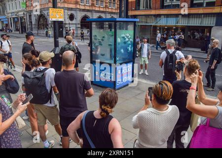 London, England, Großbritannien. August 2024. Menschenmassen versammeln sich um die Polizeiwache in der City of London mit dem neuen Banksy-Kunstwerk. Das Kunstwerk, das eine Fischschule darstellt, ist das siebte neue Kunstwerk des schwer fassbaren Straßenkünstlers in so vielen Tagen in London. (Kreditbild: © Vuk Valcic/ZUMA Press Wire) NUR REDAKTIONELLE VERWENDUNG! Nicht für kommerzielle ZWECKE! Quelle: ZUMA Press, Inc./Alamy Live News Stockfoto